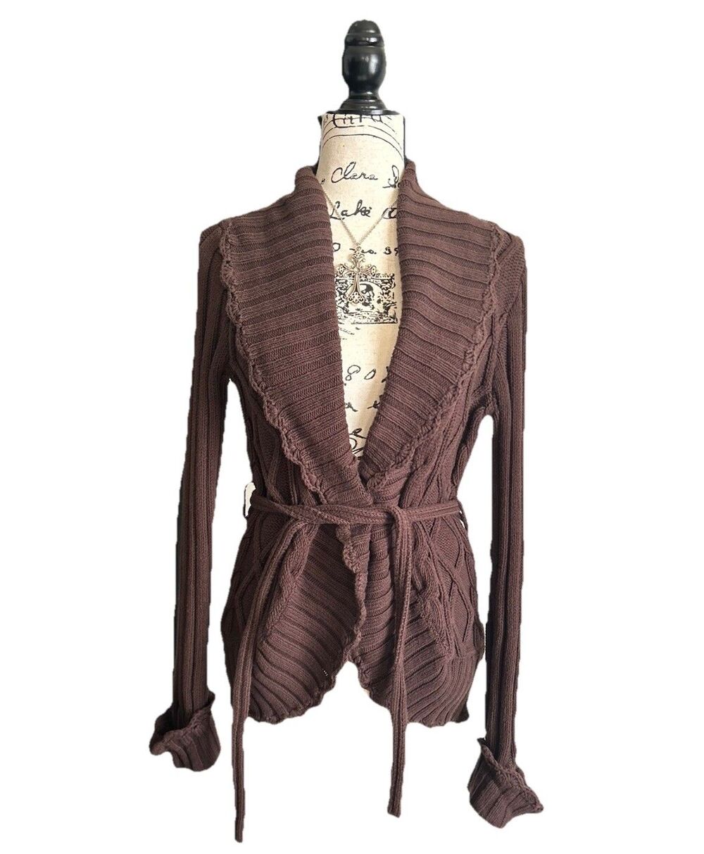 VTG Y2K JW Junction West Brown Rib Knit Cardigan With Waist Tie &Cuffed Sleeves